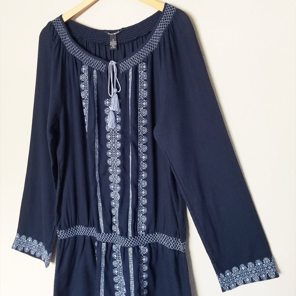 Lucky Brand Embroidered Mini Peasant Dress Long Sleeve Drop Waist Blue XL Cotton - Picture 6 of 14